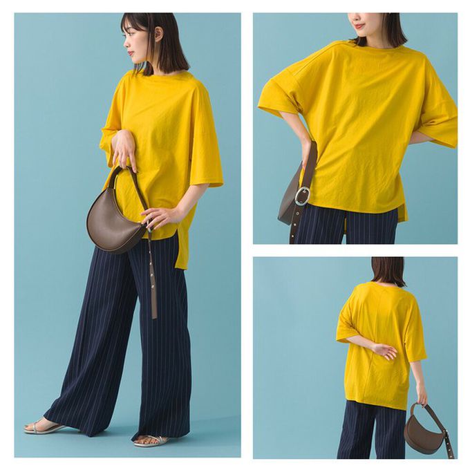 日本 OMNES - 接觸冷感 嫘縈寬版圓領五分袖上衣-海軍藍