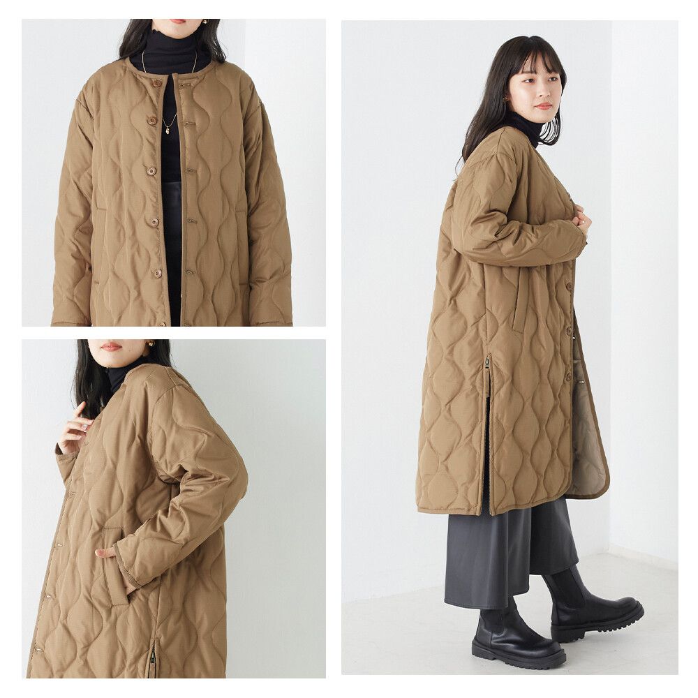 日本 OMNES - 輕量波浪衍縫長版羽絨外套-焦糖棕