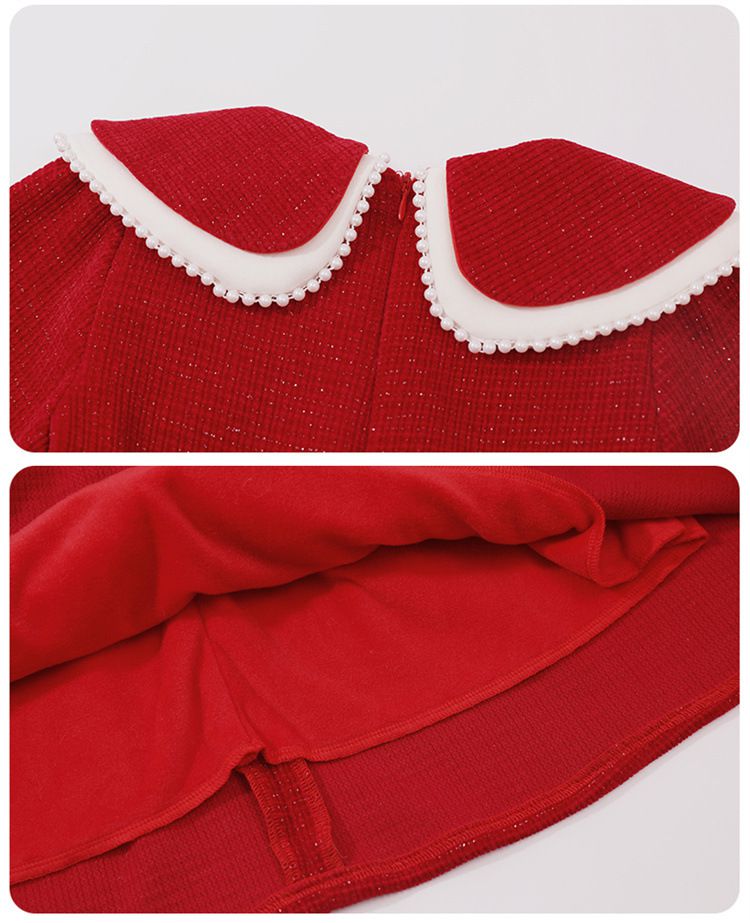 加絨不規則翻領氣質長袖連身洋裝-蝴蝶結-紅色