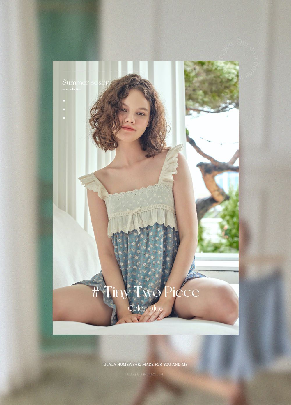 韓國 ULLALA - 蕾絲花邊無袖睡衣(兩件式)-藍 (FREE)