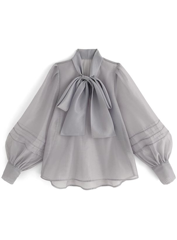 日本 GRL - 薄紗透感扭結氣球袖上衣-黑 (F)