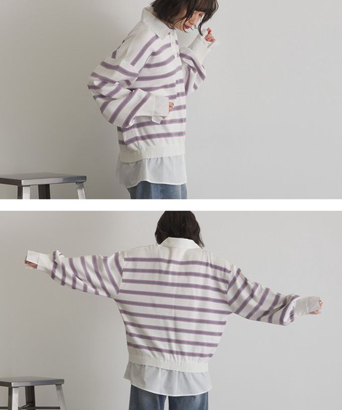 日本 ELENCARE DUE - 假二件襯衫領輕盈落肩長袖上衣-海軍藍x綠條紋