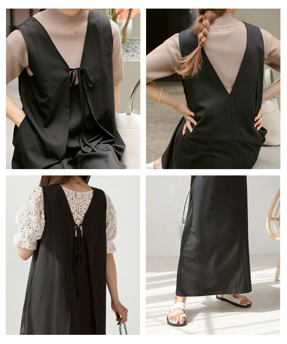 日本 Bab - [日雜推薦] 氣質綁帶V領背心裙-石英灰