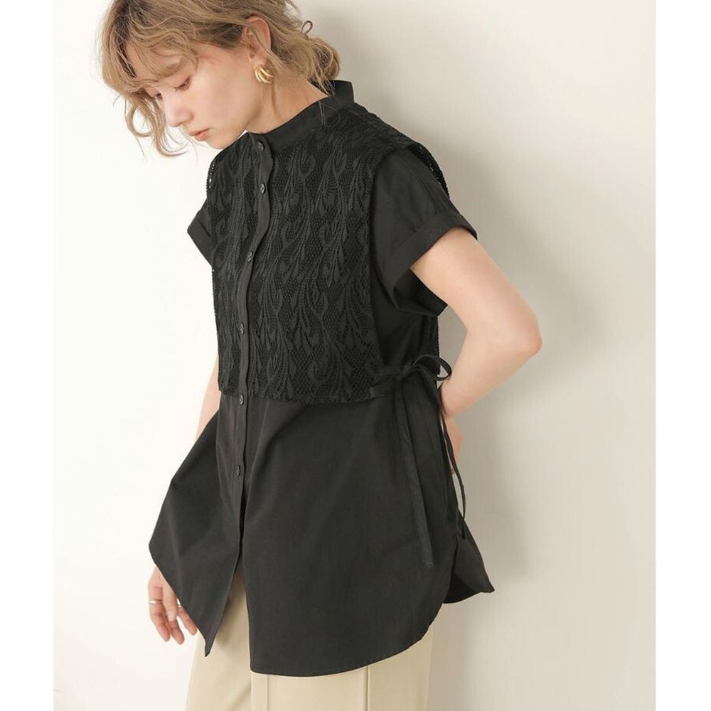 日本 Bou Jeloud - 假兩件鏤空蕾絲背心造型短袖襯衫上衣-黑