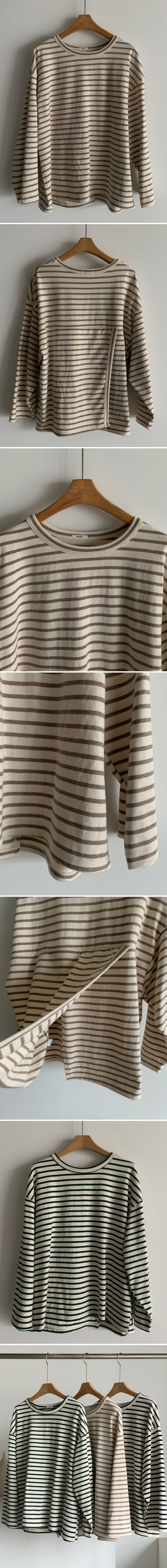 韓國女裝連線 - 不對稱後開衩條紋長袖上衣-可可咖 (FREE)