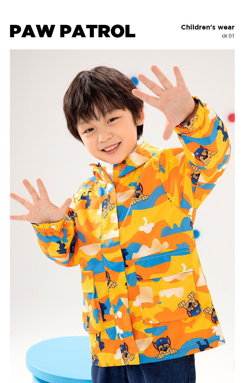 卡通汪汪隊連帽滿印衝鋒外套(單件入）-卡通人物阿奇+毛毛-紅色-不含搖粒絨內著