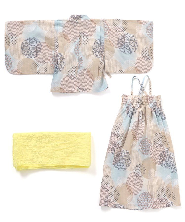 日本 apres les cours - 華麗腰帶風純棉二件式浴衣-椿花-紅藍條紋