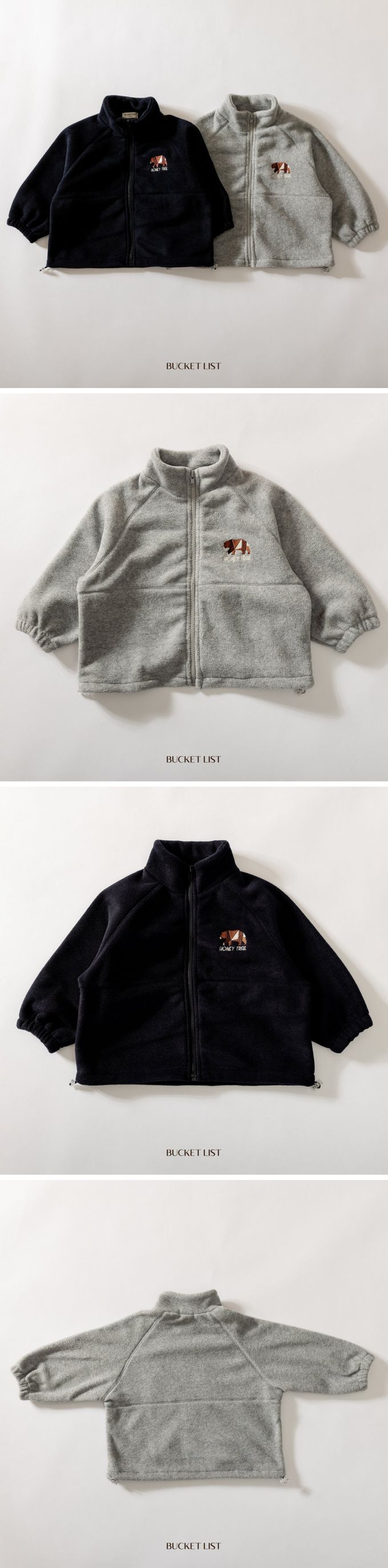 韓國 BUCKET LIST - 刺繡熊搖粒絨拉鍊立領上衣-灰