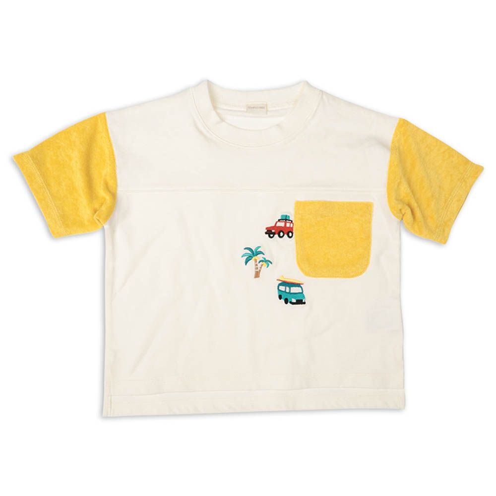 短袖T恤-毛圈布拼接-芥末黃色