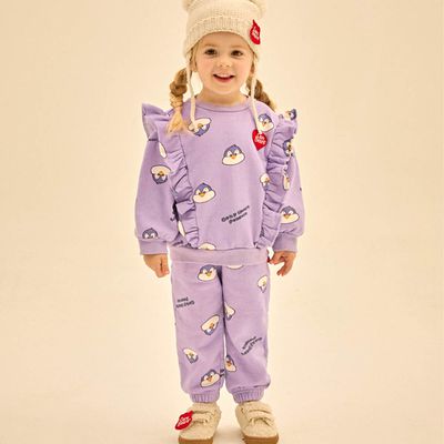 韓國 Care Bears - 聯名款可愛企鵝內磨毛長袖套裝-紫