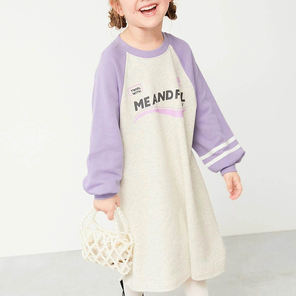 100%棉 撞色印花長袖洋裝-燕麥X紫