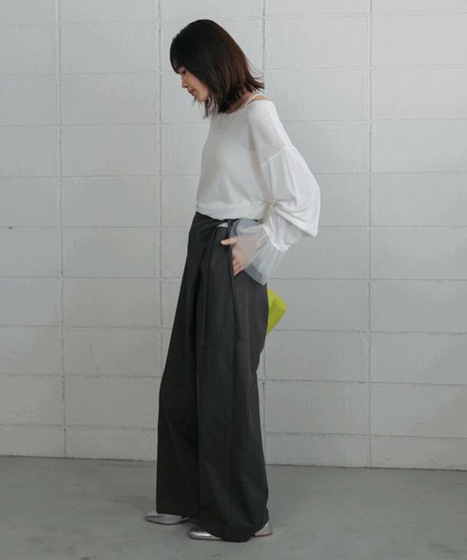 日本 Bab - 雙層薄紗拼接俏麗長袖上衣-炭灰