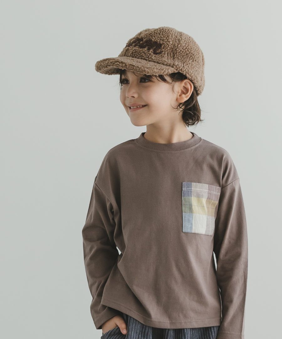 日本 PAIRMANON - 拼接口袋圓領薄長袖上衣-格紋-藍灰