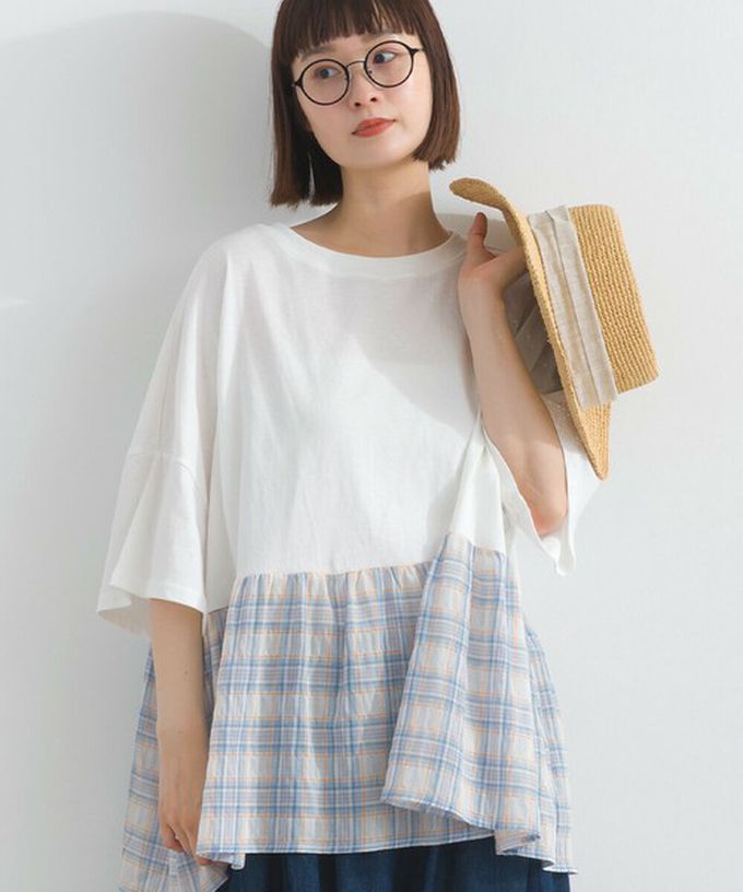 日本 Lupilien - 接觸涼感 可愛格紋休閒五分袖上衣-白