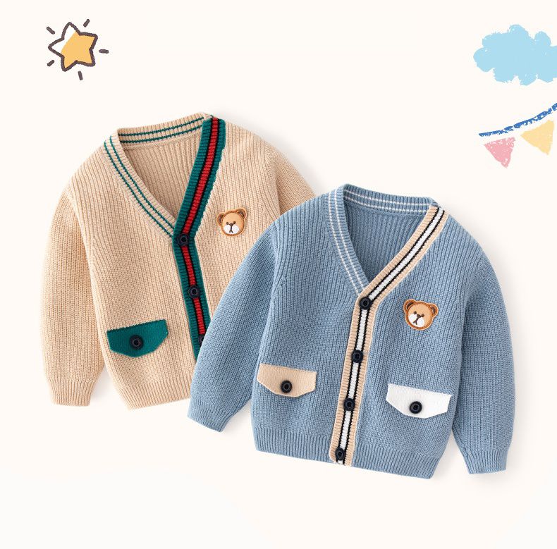 好搭V領鈕釦針織外套-熊熊-卡其色