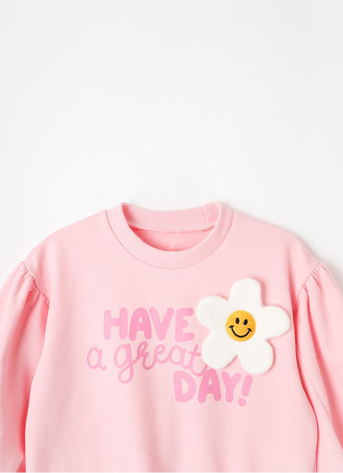 韓國 OZKIZ - 微笑花裝飾長袖大學T-粉