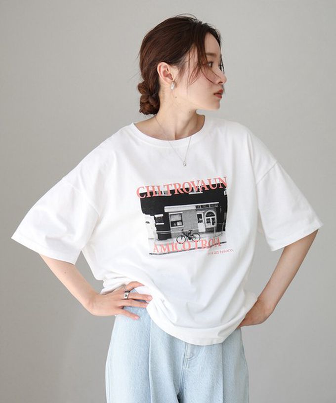 日本 Bab - 100%棉 極簡照片印花五分袖上衣-杏底綠字 (M)