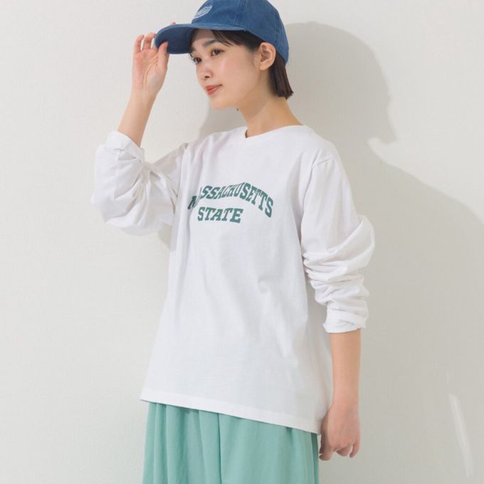 日本 OMNES - 100%棉 簡約英文標語長袖上衣-卡其米