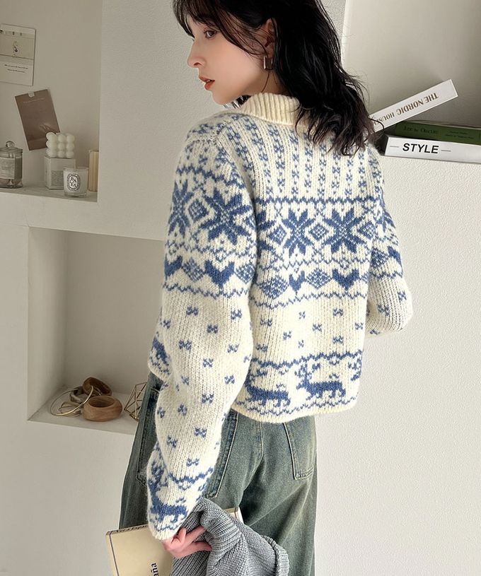 日本 Classical Elf - mily bilet 北歐雪花氛圍短版針織外套-米x藍