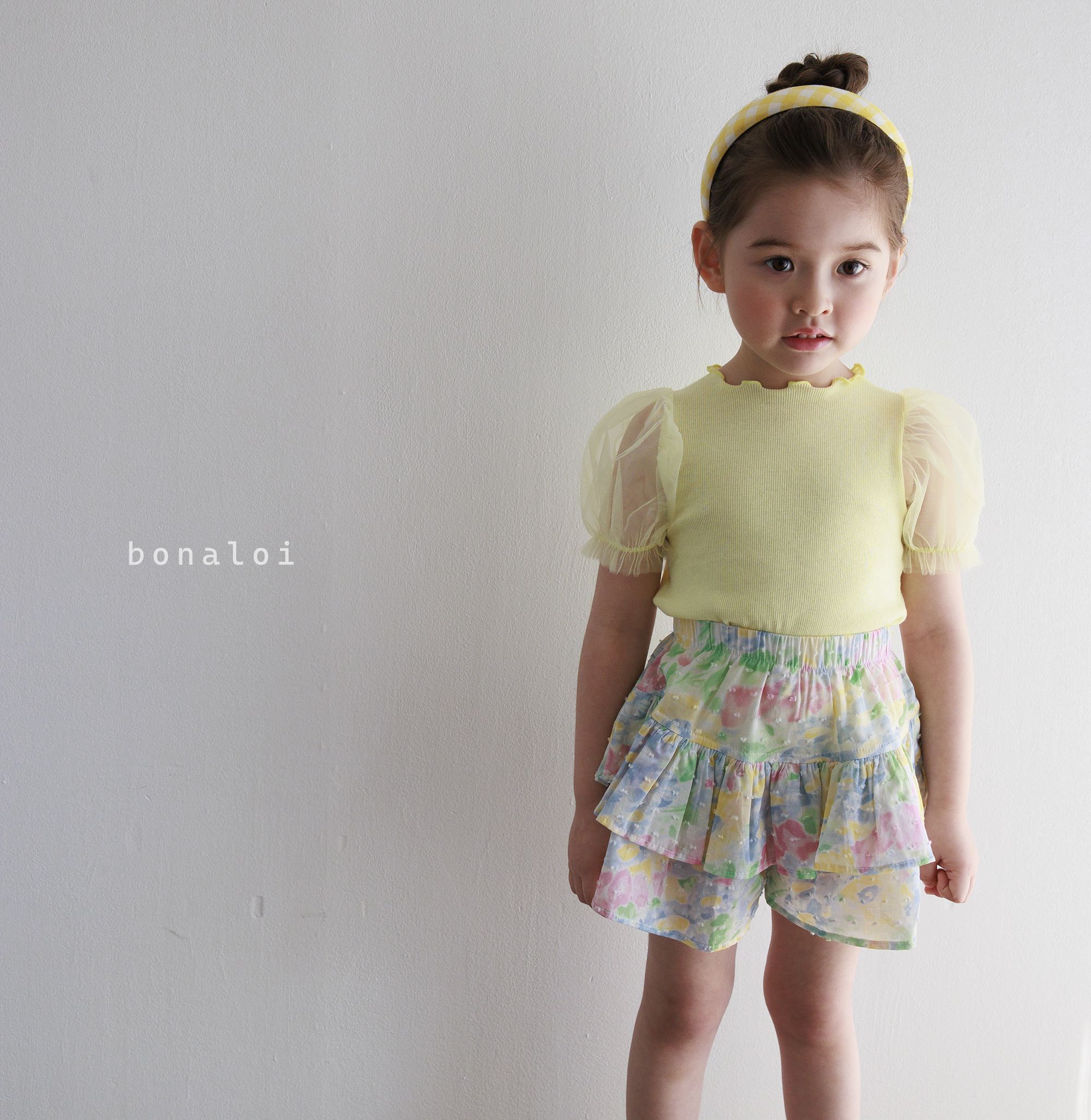 韓國 Bonaloi - 薄紗泡泡袖羅紋T-鵝黃