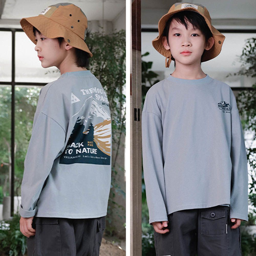 純棉圓領長袖上衣-撞色山脈-灰綠