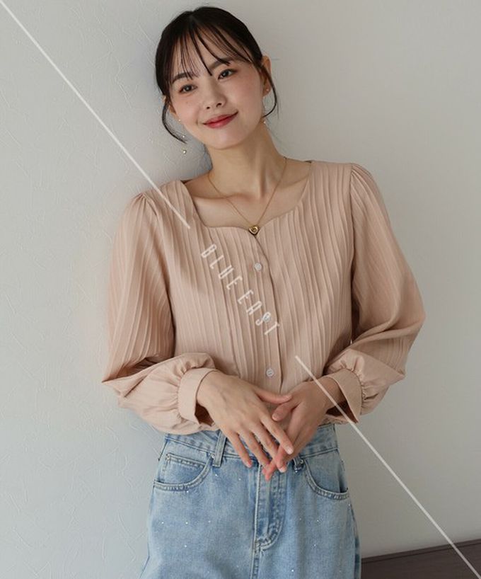 日本 BLUE EAST - 甜美心型領線條紋理長袖襯衫-杏橘