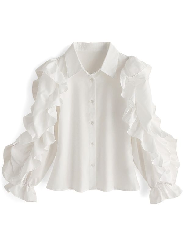 日本 GRL - 華麗荷葉袖翻領長袖襯衫-白 (F)