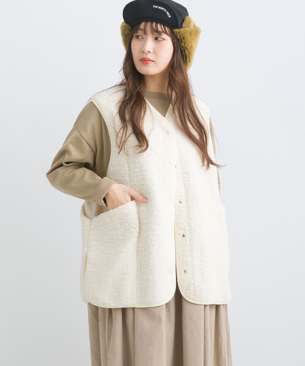 日本女裝代購 - 前後2way大口袋短毛背心-象牙