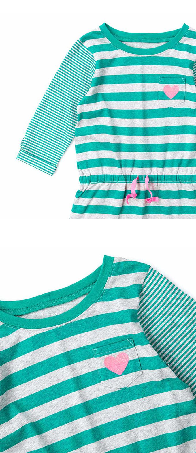 美國 Carter's - 愛心口袋橫條紋抽繩收腰長袖連身裙-綠灰