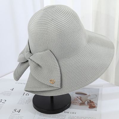 可折疊大帽沿防曬草帽-後開衩蝴蝶結-淺灰色 (56-58cm)