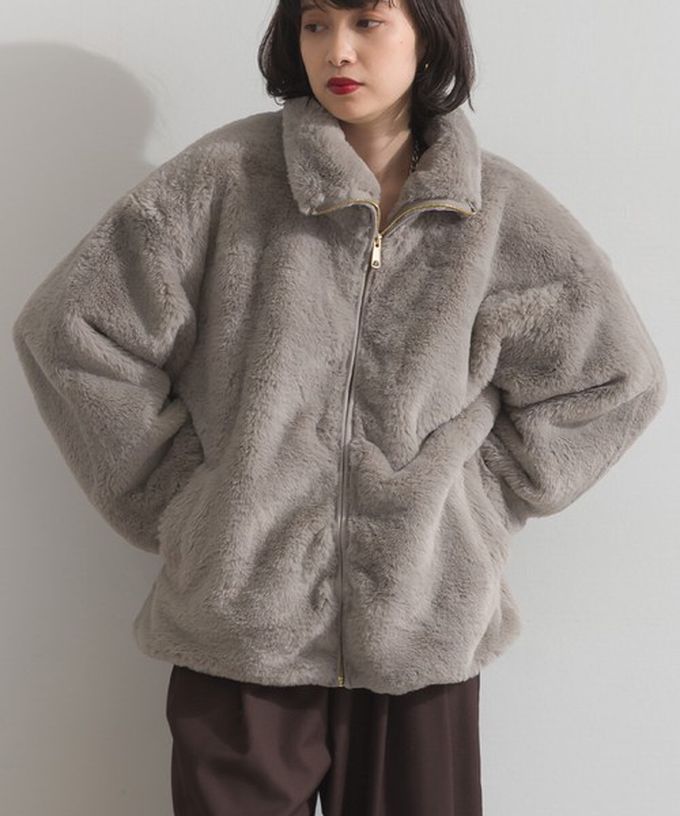 日本 ELENCARE DUE - 奢華毛絨柔軟寬鬆保暖拉鍊外套-灰摩卡