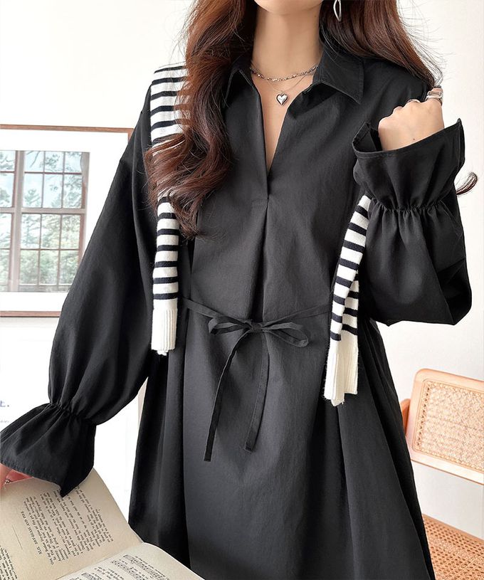 日本 Classical Elf - 糖果袖束腰修身立領長袖洋裝-卡其