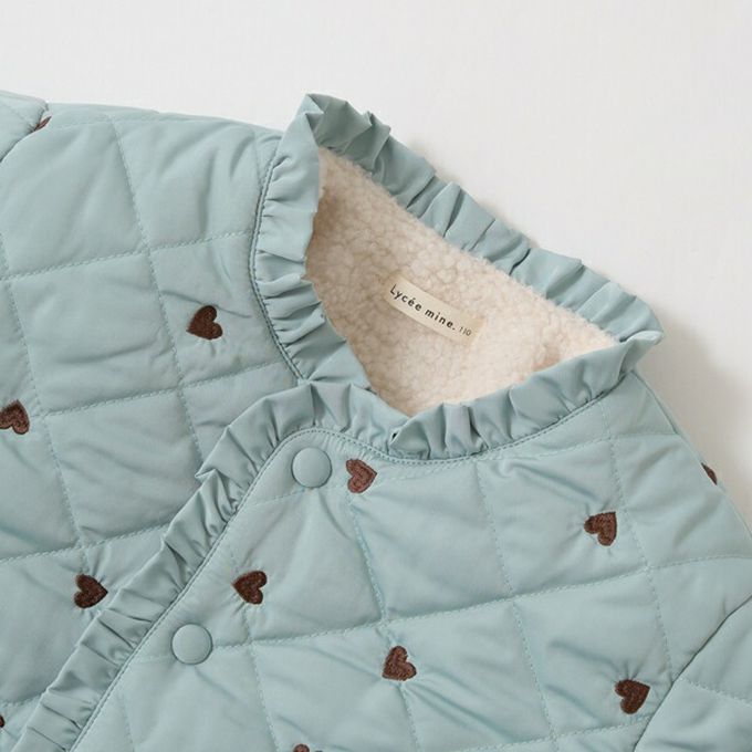 日本 Lycee mine - 滿版愛心荷葉皺褶內刷毛鋪棉外套-米白