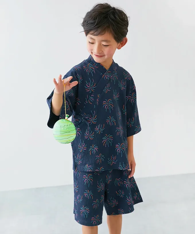 日本 devirock - 夏日風情涼爽紋理甚平套裝-滿版花朵-黑