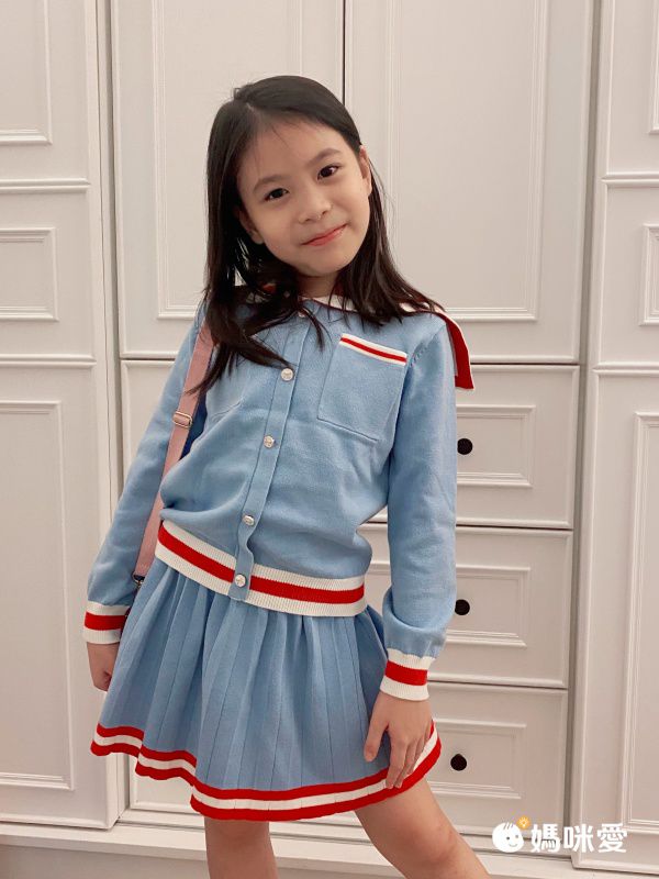 長袖針織套裝-學院風-藍色