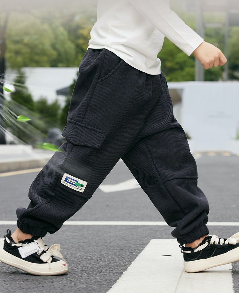 加絨腰鬆緊休閒工裝保暖長褲-小小標籤-奶咖啡色