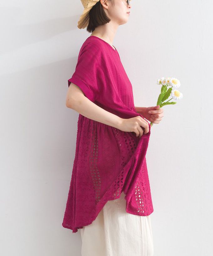 日本 Lupilien - 100%印度棉 柔美緹花長版短袖上衣-桃紅