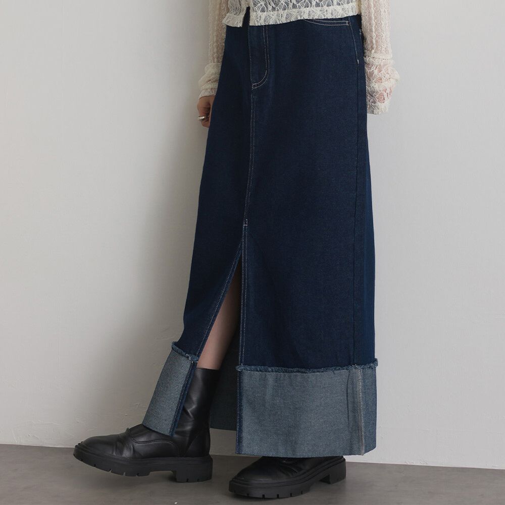 10oz抽鬚摺邊俐落前開叉牛仔長裙-海軍藍