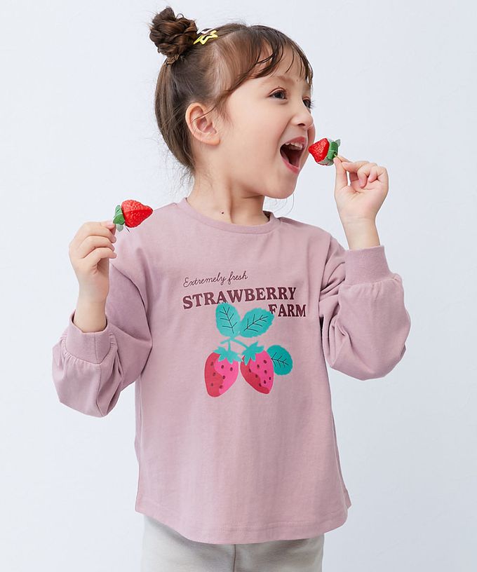 日本 devirock - 100%棉 定番女孩印花長袖上衣-蛋糕-煙燻粉