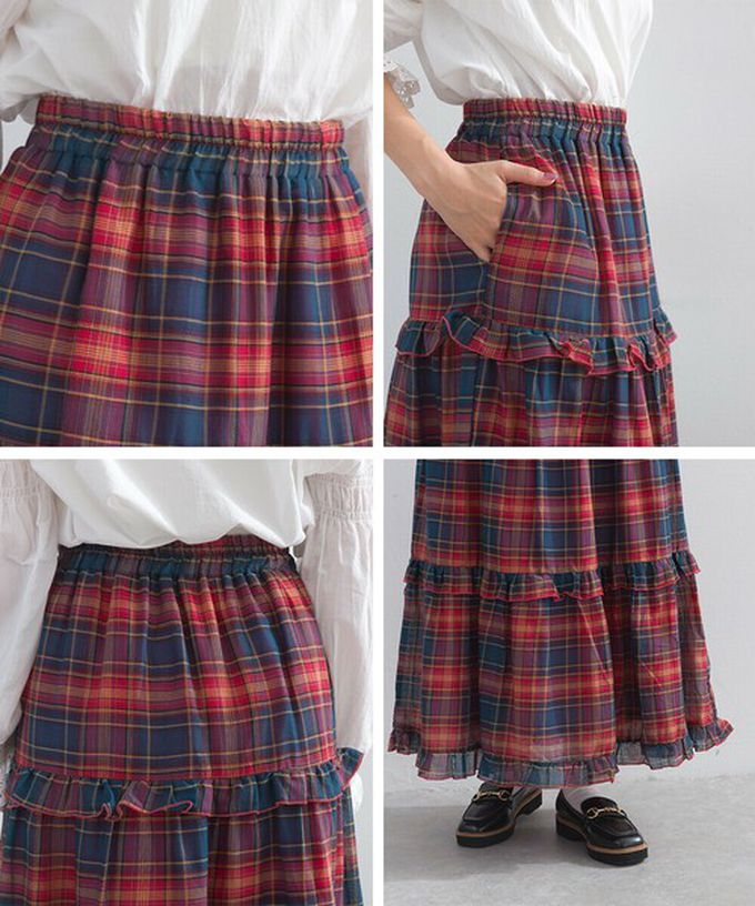 日本 Lupilien - 精緻格紋輕盈感分層俏麗長裙-黃綠