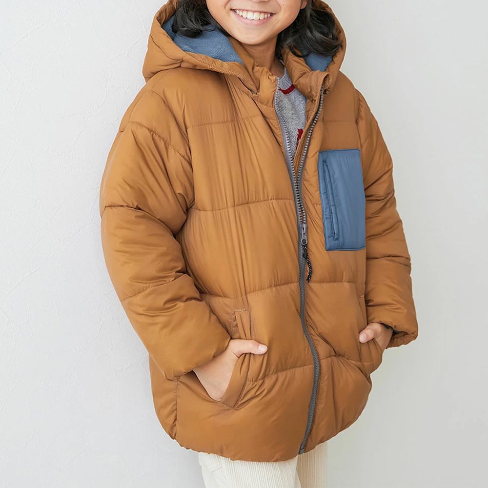 輕暖防風配色科技羽絨外套(帽可拆)-焦糖棕