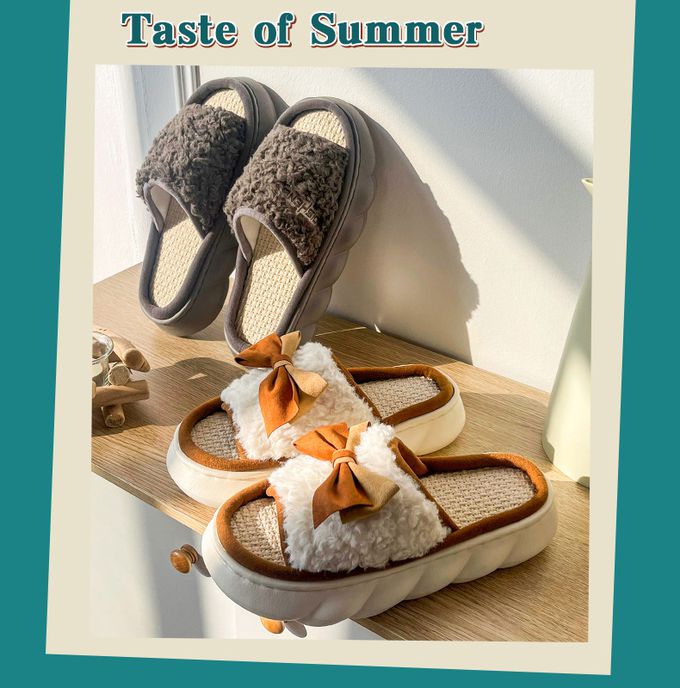 厚底海綿感亞麻室內拖鞋-英文字母-咖啡色