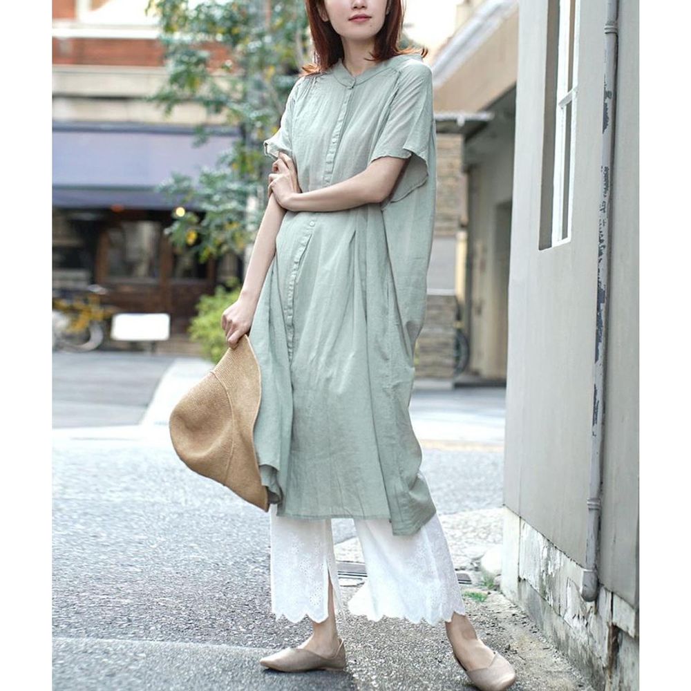 日本 zootie - 純棉輕薄圓領寬鬆短袖長洋裝/外套-薄荷