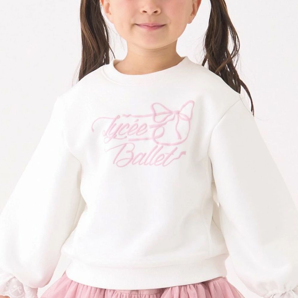 可愛蕾絲袖口印花長袖上衣-白