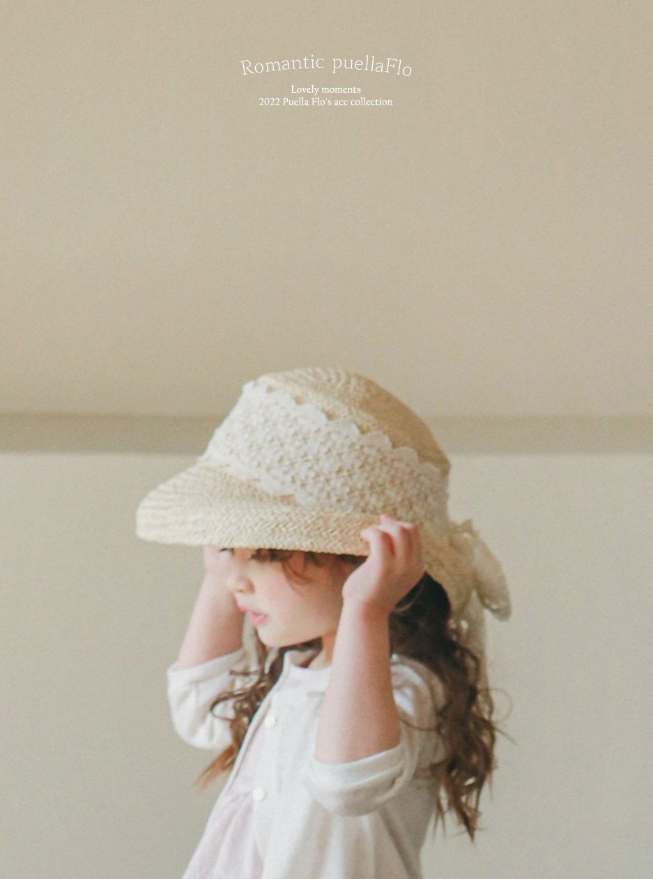 韓國 Puellaflo - 寬版蕾絲蝴蝶結草帽 (3-7Y適用)