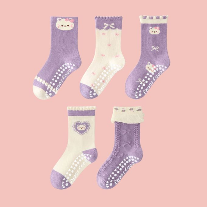 萌萌小花貓防滑點膠中筒棉襪