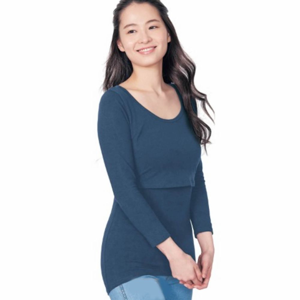 日本千趣會 - 95%棉 (孕哺)雙層設計哺乳發熱衣-深藍
