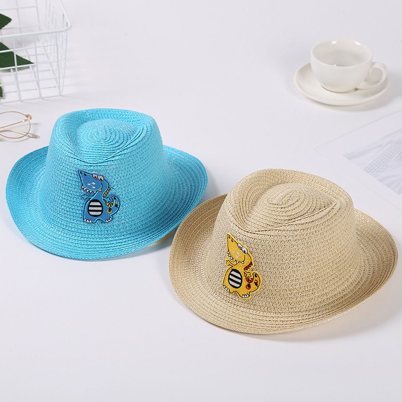 百搭兒童卷邊草帽/遮陽帽-調皮恐龍-杏色 (建議2-8歲)