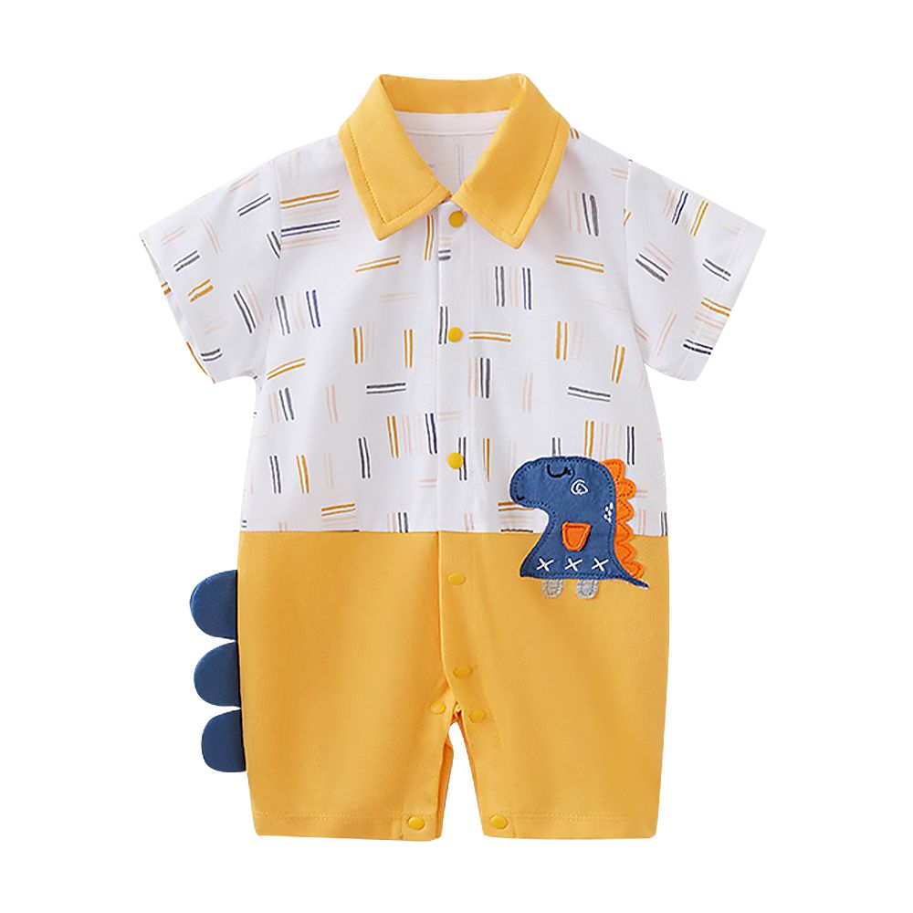 JoyNa - 棉質短袖包屁衣 短袖嬰兒服-恐龍深黃