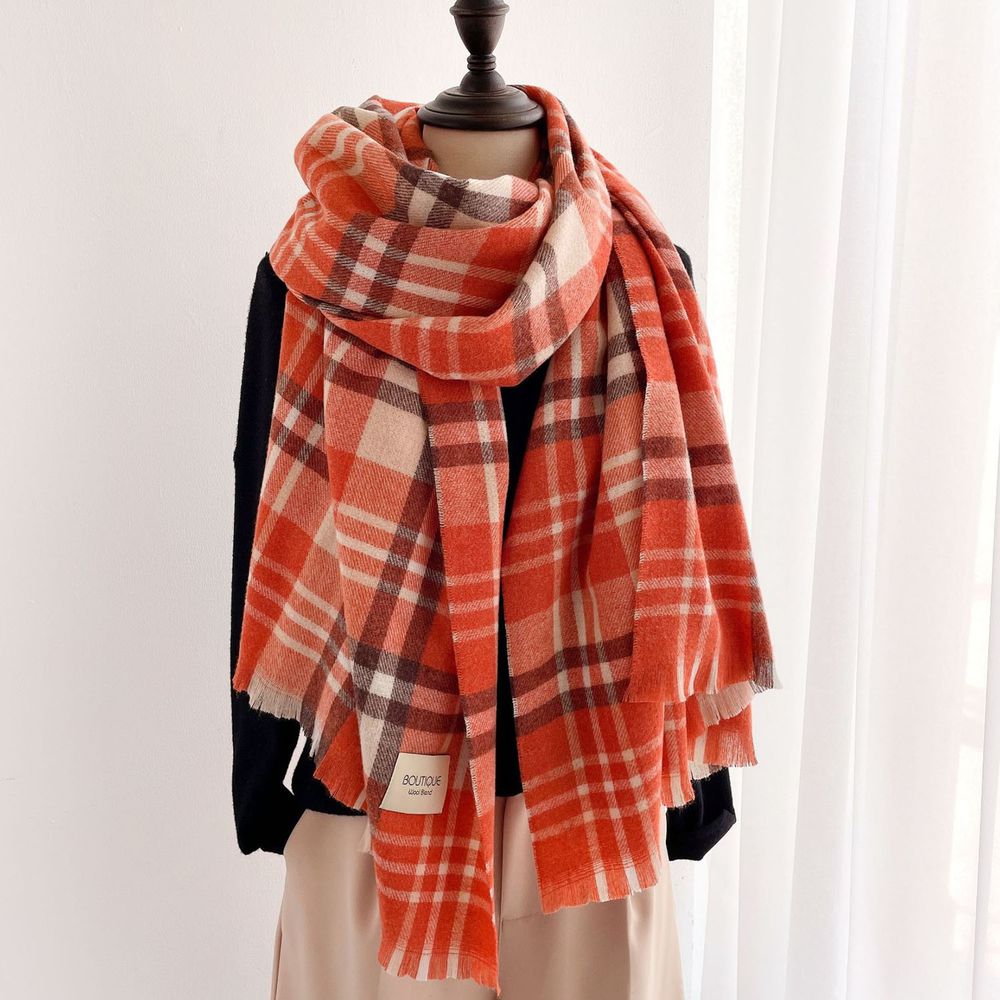 編媽精選 - 柔暖羊毛混棉細針織圍巾-橘色格紋 (208x73cm)